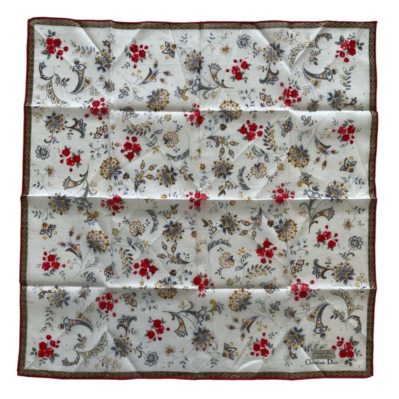 Accessories - Christian Dior Vintage Floral Handkerchief With Red Border